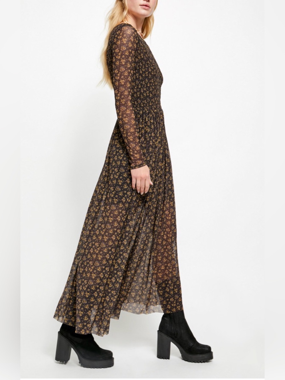 Free People Floral Mesh Long Sleeve Maxi Dress in Brown